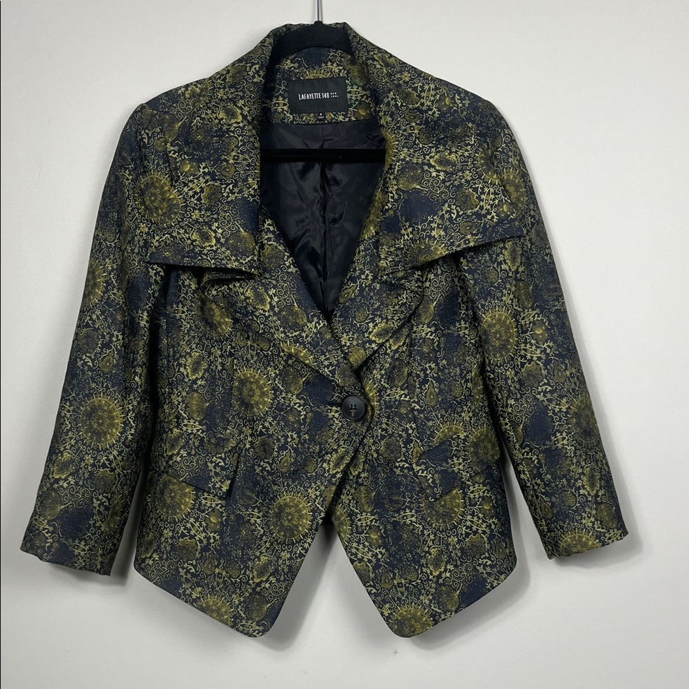 Lafayette 148 New‎ York Black and Green Patterned Shawl Collar Blazer SZ 6